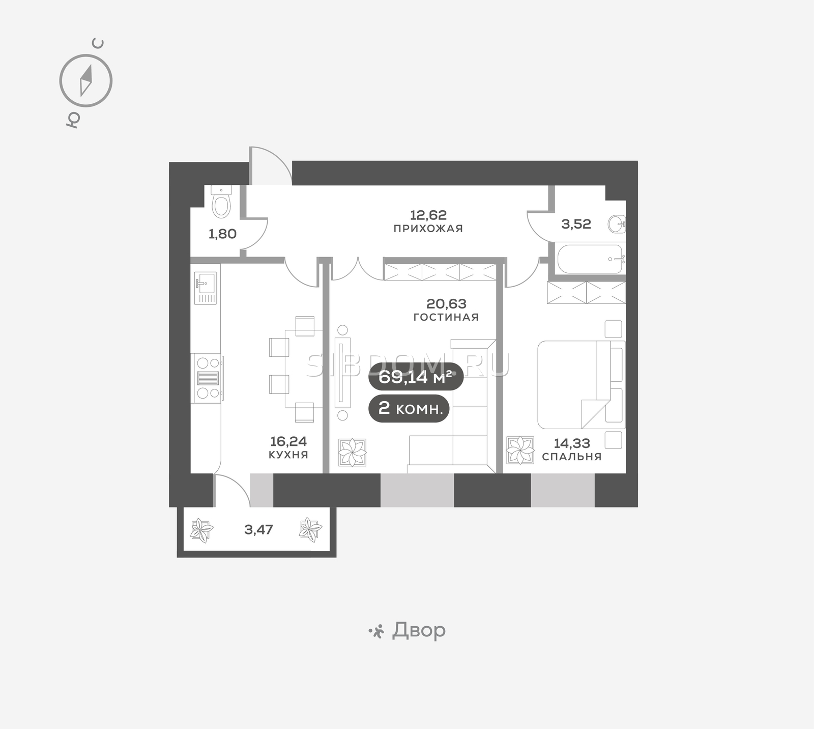 Продам двухкомнатную квартиру в Красноярске Академгородок, дом 7, 69.14  кв.м, 12 этаж, от застройщика - СИБДОМ, объявление 3913338