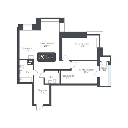 Планировка 3-комн 77,7 м²