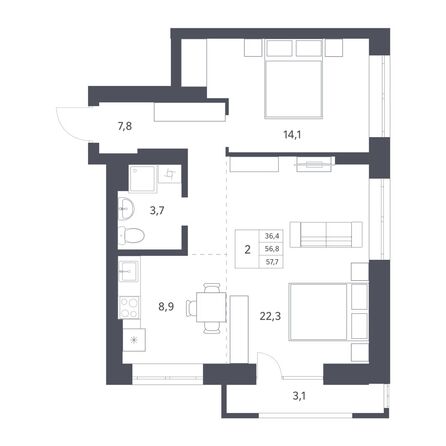 Планировка 2-комн 56,8 м²