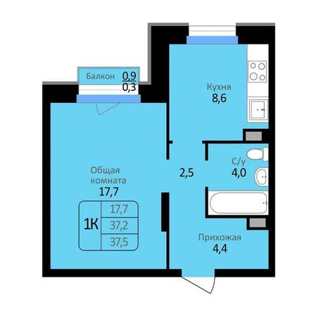 Планировка 1-комн 37,5 м²