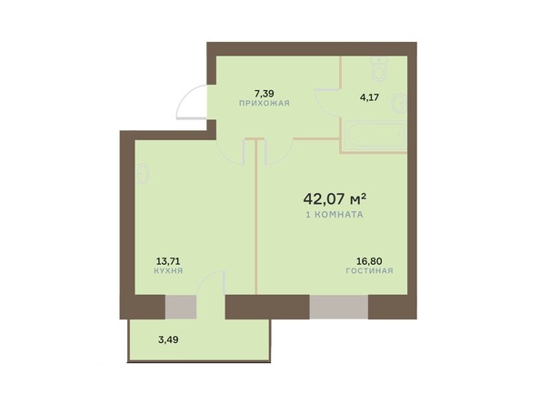 Планировка однокомнатной квартиры 42,07 кв.м