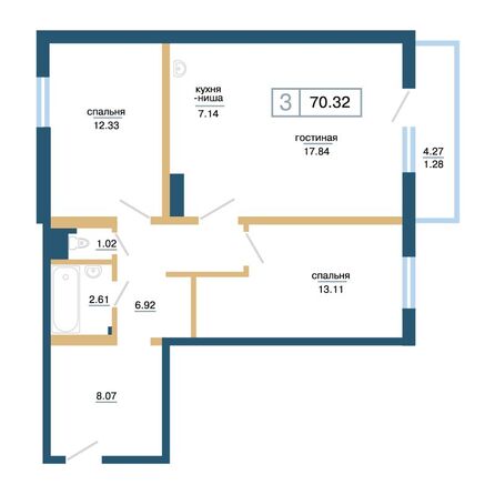 Планировка 3-комн 70,32 м²