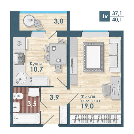 Планировка 1-комн 40,1 м²