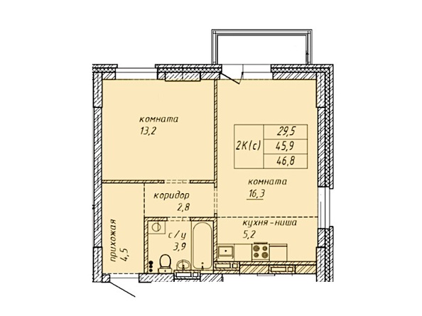 Планировка 2-комн 46,8 м²