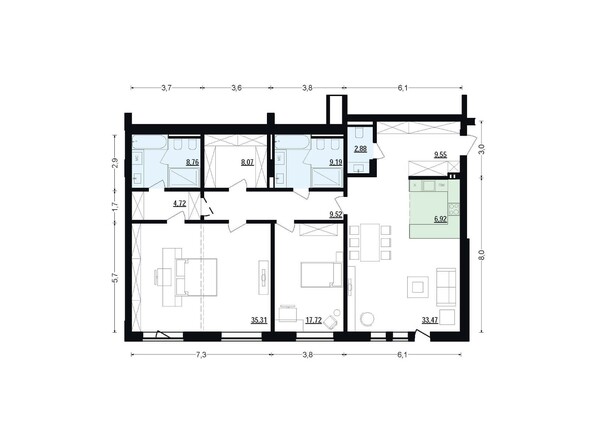 Планировка трехкомнатной квартиры 146,11 кв.м