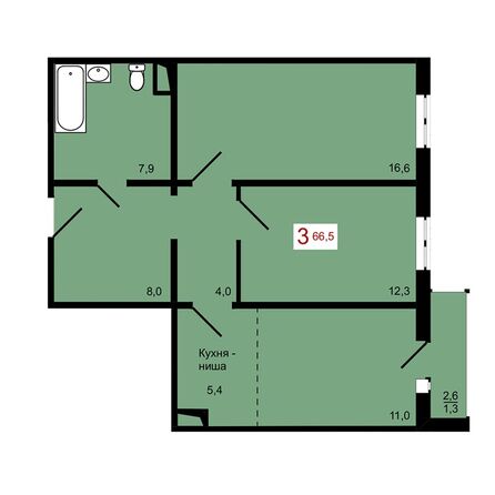 Планировка 3-комн 66,5 м²