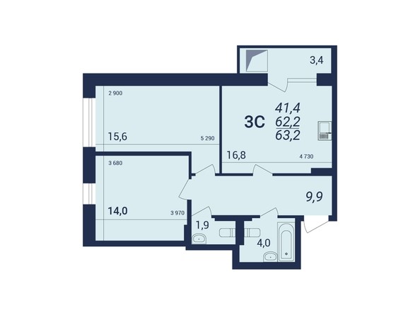 Планировка 3-комнатной квартиры 63,2 кв.м