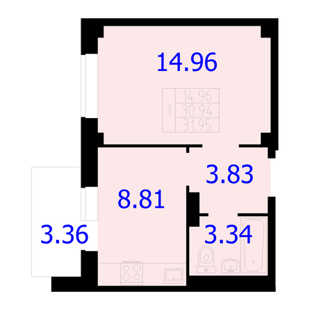 Планировка 1-комн 31,95 м²