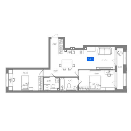 Планировка 2-комн 74,8 м²