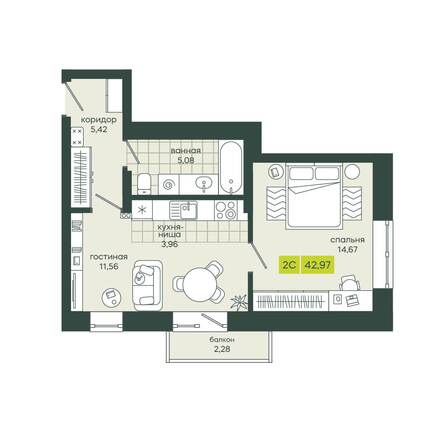 Планировка 2-комн 42,97 м²