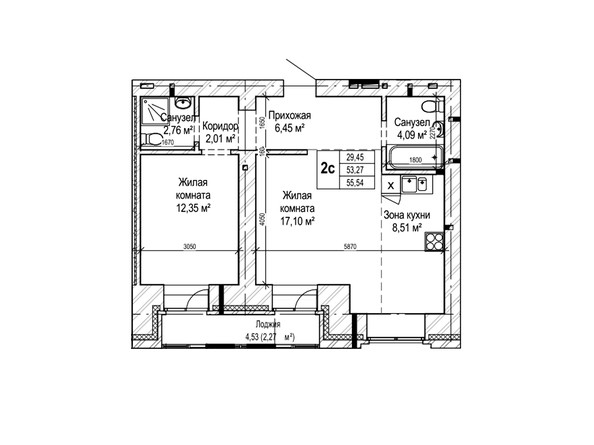 Планировка двухкомнатной квартиры 55,5 кв.м.