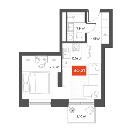 Планировка 1-комн 29,91, 30,53 м²