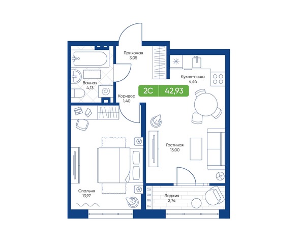 Планировка 2-комн 42,93 м²
