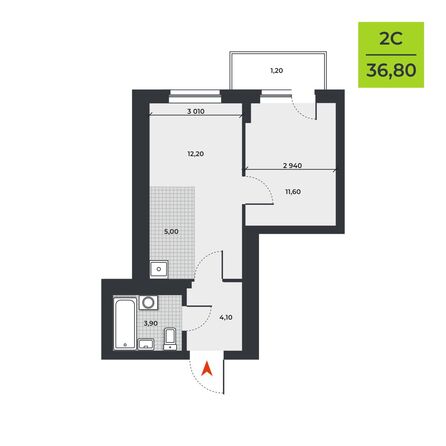 Планировка 2-комн 36,8 м²