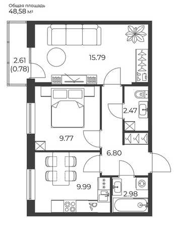 Планировка 2-комн 44,58 м²