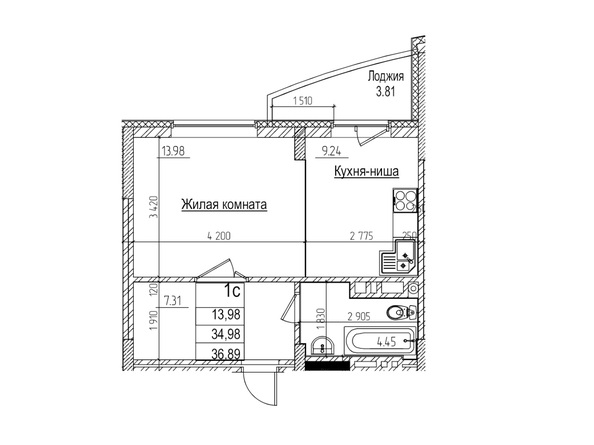 Планировка Студия 34,9 м²