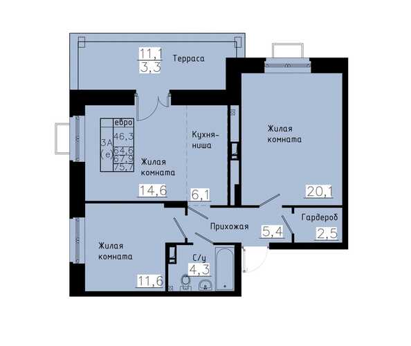 Планировка 3-комн 67,9 м²