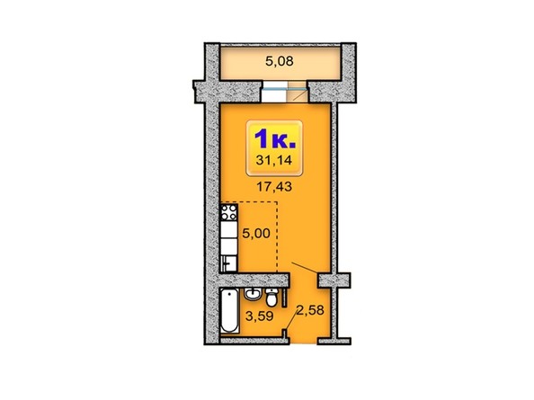 Планировка 1-комнатной квартиры 31,14 кв.м