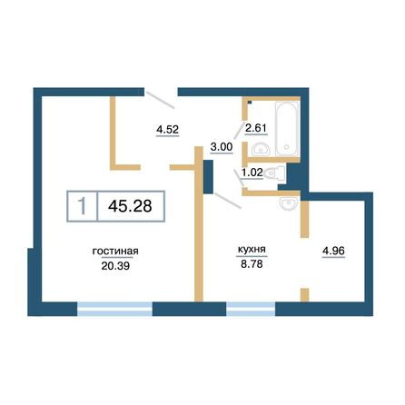 Планировка 1-комн 45,28 м²