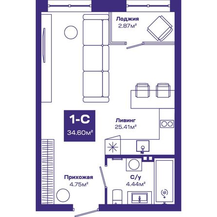 Планировка Студия 34,6 м²