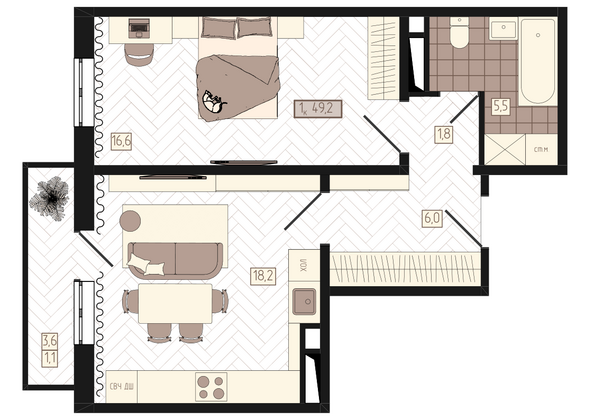 Планировка 1-комн 49,2 м²