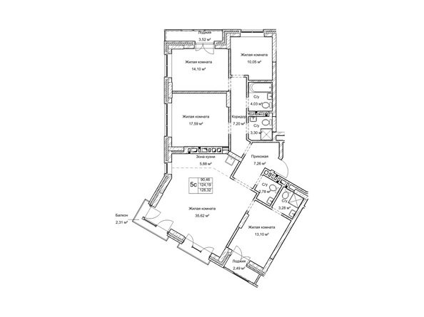 Планировка пятикомнатной квартиры 124,1 кв.м