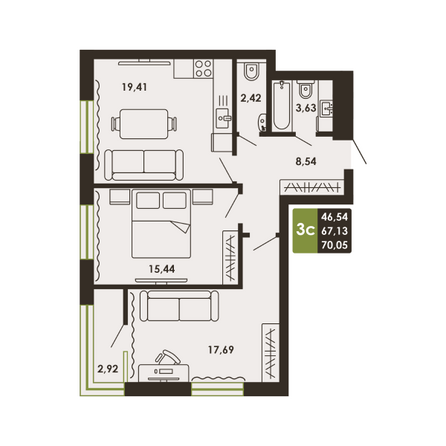 Планировка  70,05 м²