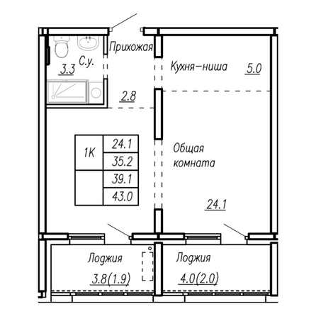 Планировка 1-комн 39,1 м²