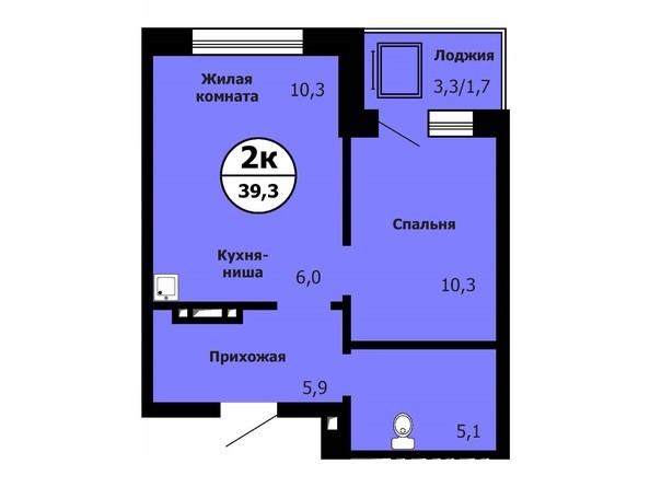 Планировка 2-комн 38,8 - 39,6 м²