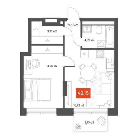 Планировка 1-комн 43,05 м²