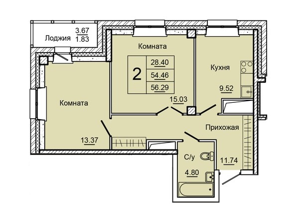 Планировка двухкомнатной квартиры 56,29 кв.м