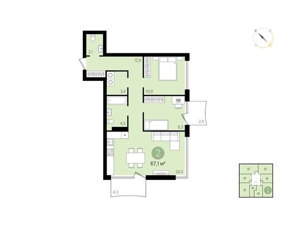 Планировка 2-комнатной квартиры 67,1 кв.м
