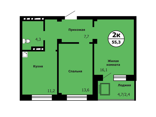 Типовая планировка 2-комнатной квартиры 55,3 кв.м