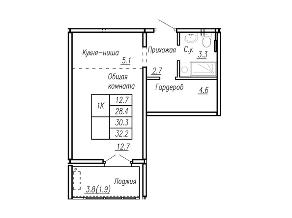 Планировка 1-комн 32,2 м²