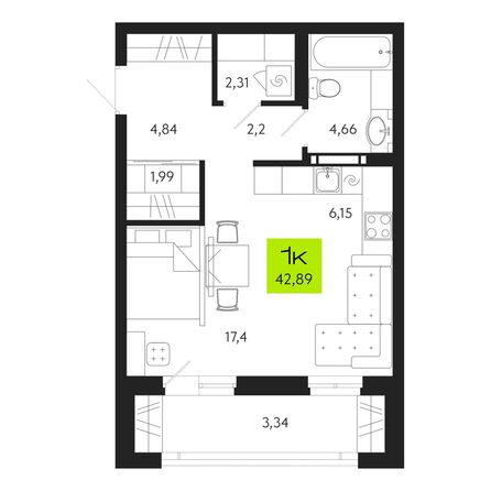 Планировка 1-комн 42,89, 42,9 м²