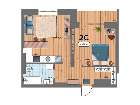 Планировка 2-комн 49,1 м²