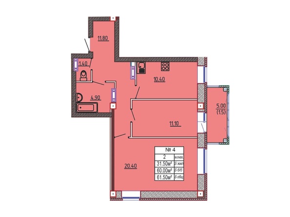 Планировка 2-комн 61,5 м²