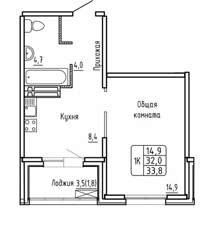 Планировка 1-комн 33,7 м²