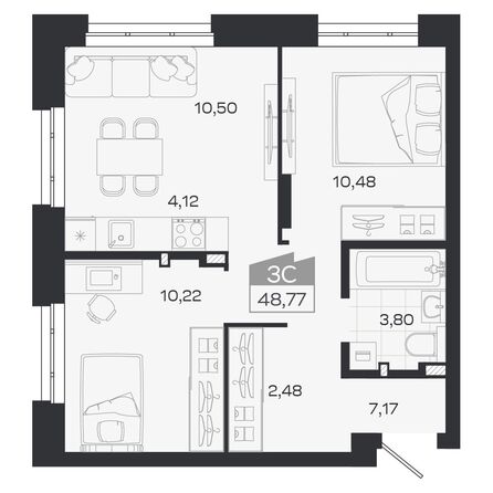 Планировка 3-комн 48,77 м²