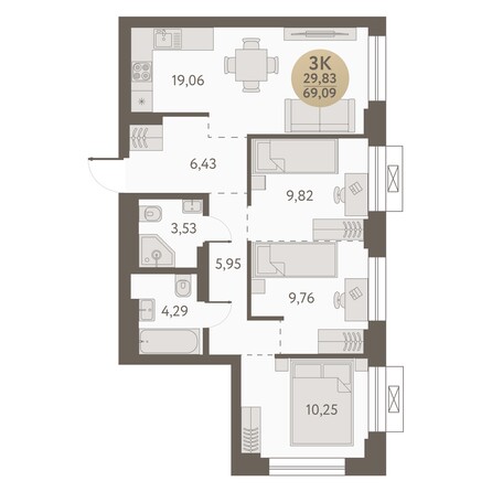 Планировка 3-комн 69,09, 69,31 м²