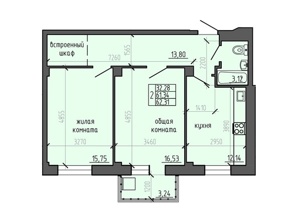 Планировка двухкомнатной квартиры 62,31 кв.м