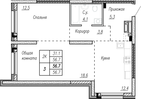 Планировка 2-комн 56,7 м²
