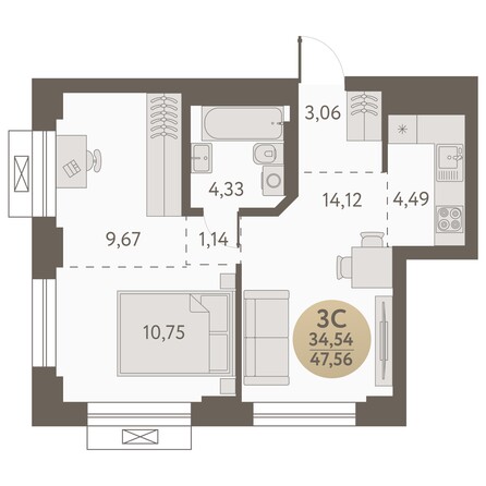 Планировка 3-комн 47,56, 47,67 м²