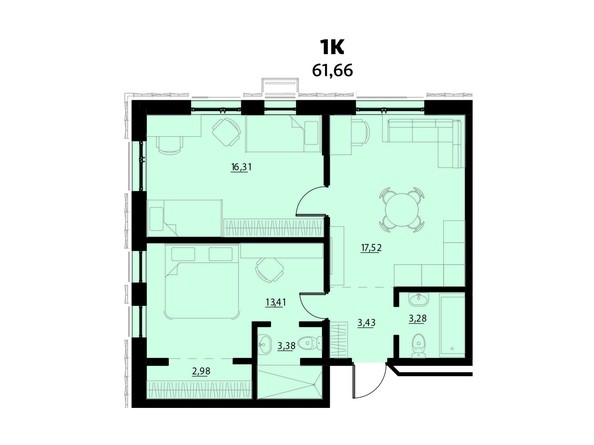 Планировка 1-комнатной 61,66 кв.м