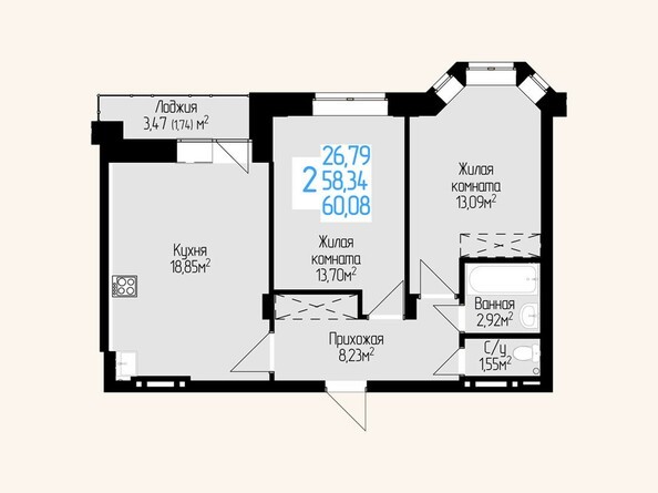 Планировка двухкомнатной квартиры 56,95 кв.м