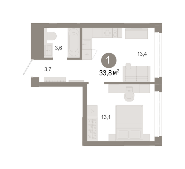 Планировка 1-комн 33,82 - 34,32 м²