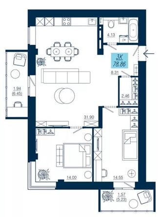 Планировка 3-комн 78,86 м²