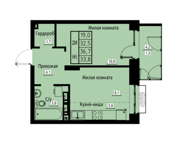 Планировка 2-комн 33,8 м²