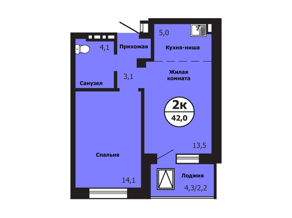 Планировка 2-комн 42 м²