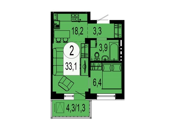 Планировка двухкомнатной квартиры 33,1 кв.м